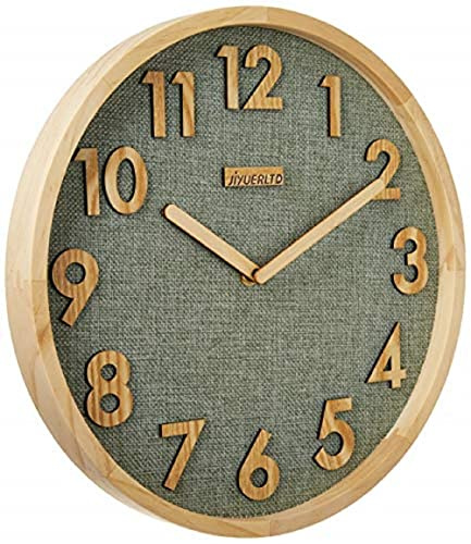 JIYUERLTD 30cm Wanduhr Leise Küchenuhr Nicht-Ticken Quarz-Wanduhren Hölzerne Zahlen 3D Anzeige, Holzrahmen mit Leinen Gesicht Uhr zum Zuhause Büro Klassenzimmer Schule. (Green)