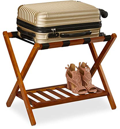 Relaxdays Kofferständer klappbar, Kofferhocker Holz, HBT 54,5 x 66 x 44,5 cm, 2 Ablagen, Kofferaufbewahrung Hotel, Natur 10029975_126