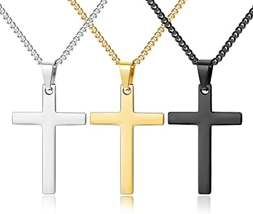 YADOCA 3 Stück Edelstahl Kreuzanhänger mit 50cm Halskette für Herren Damen Silber Gold Schwarz