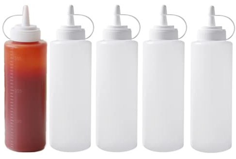 LdawyDE 300ml Sauce Bottle Squeeze With Nozzles, 5 Pcs Squeezy Sauce Bottles Food Grade Plastic Condiment Bottles With Lids for Kitchen Sauce Seasoning Oil Dispensers