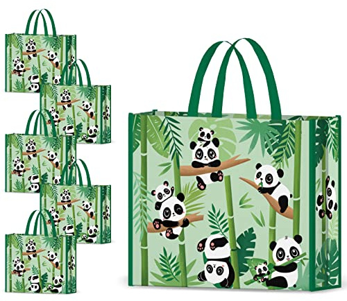 NymphFable 5 Pack Reusable Shopping Bags - Panda Bamboo Grocery Tote, Waterproof Gift Bag, 50LBS, L
