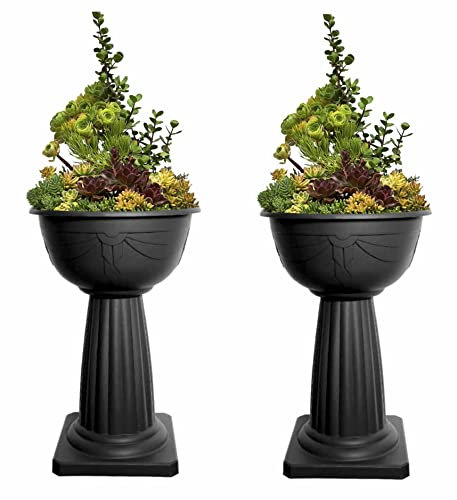 HOMION Set of 2 Pedestal Flower Plant Planter Pot 40cm Black Jardinière Round Planter Pot Venetian Plastic Garden Bowl Free Standing