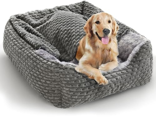 Heymamba Large Dog Bed, Washable Pet Dog Cave Bed with Hooded, 78x63x23cm | Rectangle with Low Front Edge Design, Pet Beds Snuggle Bed with 20,000 Rubber Particles Anti Slip Bottom