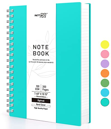 RETTACY Blocco note B5, taccuino a spirale, 300 fogli/150 pagine per scrivere, 100 g/m², carta a righe universitarie, copertina rigida in PVC, 19 x 25 cm, turchese