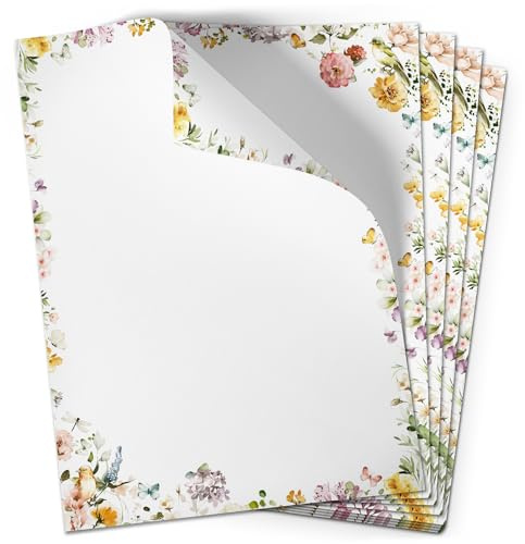 Einladungskarten Manufaktur Hamburg 50 Blatt Briefpapier (A4) | Blumen Vögel | Motivpapier | edles Design Papier | beidseitig bedruckt | Bastelpapier Floral Sommer Frühling | 90 g/m²