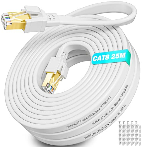 Cable Ethernet 25m, Cable RJ45 Plat Cat 8 Blindé FTP Extérieur Intérieur | Câble Réseau 25m Haut Debit Fibre 40Gbps 2000MHz, Gigabit Blanc Câble Internet LAN pour Routeur Modem