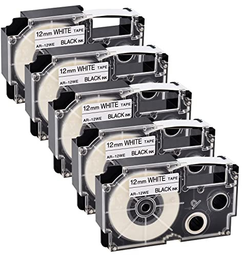 NineLeaf 5 Packung Ersatz für Casio EZ XR12WE XR-12WE AR-12WE XR-12WE2S XR12WE2S 12mm x 8m Bänder Schwarz auf Weiß Schriftband für KL60 KL750 KL750B KL750BA KL750KITCH KL780 KL8100 Beschriftungsgerät