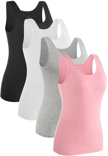 Knuffnee 4 Pack Tank Top for Women Basic Undershirt Tanks Casual Vest Tops Pink/Grey/White/Black XL