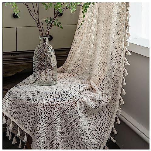 Epinki Halbtransparent Gardinen Voile Rod Pocket 150x300cm(BxH), Boho-Stil Quaste Gehäkelte Münze Muster Beige Transparente Schlaufen Gardinen aus Baumwolle, Fenstergardinen Modern für Wohnzimmer