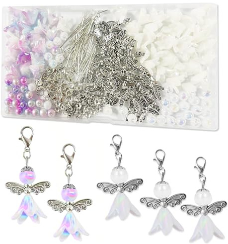 50 Sets Schutzengel Selber Machen Set, Engel Anhänger Perlen Handwerk Zubehör, Perlenengel Basteln Schutzengel Bastelset für DIY, Charms, Schlüsselanhänger (Weiß, Farbig)