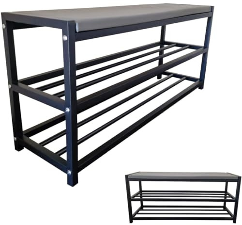 MAKA Scarpiera Salvaspazio Slim, in Metallo Nera, Scarpiera Ingresso, Organizer Scarpe Diverse Misure, Scaffali Portascarpe, Panca con Seduta (90 cm + panca)