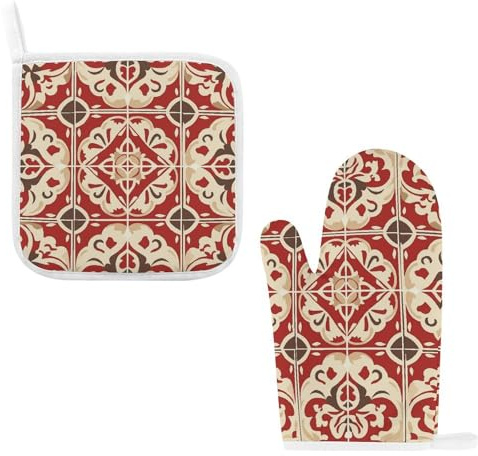 2-teiliges Set Ofenhandschuhe und Topflappen, hitzebeständige Ofenhandschuhe und Topflappen, Grillhandschuhe, in Rot und Beige, Kochhandschuhe für Küche, Backen, Grillen