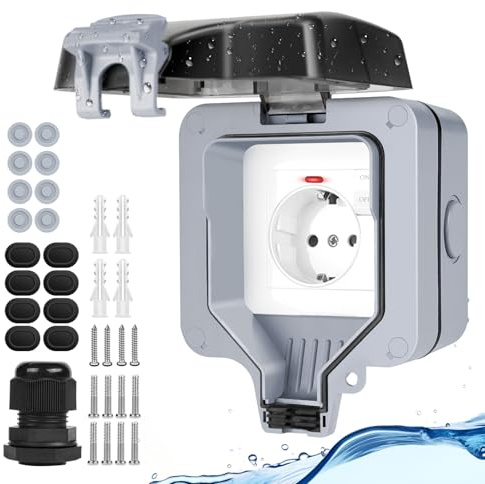 Upgrade Aussensteckdose Wasserdichte Steckdose IP66 mit Schalter Kontrollleuchte,Grau Außensteckdose Aufputz Wetterfest Outdoor Steckdose Gartensteckdose aussen Abschliessbar Klappdeckel-1 Fach