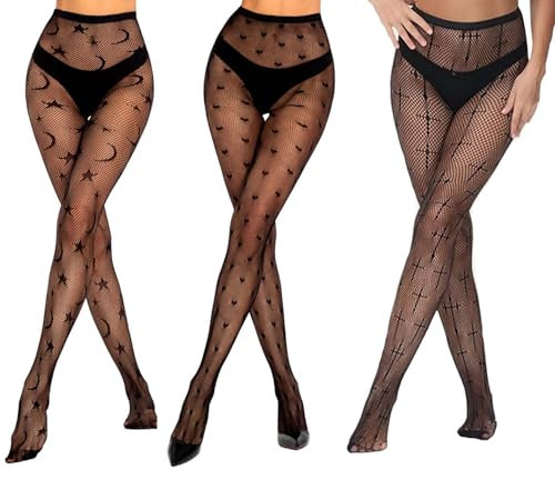 JRYGAC 3 st Halloween nätstrumpor, hjärtformade svarta nätstrumpbyxor, elasticitet svarta nätstrumpor dam, halloween hög midja mesh tights, för dam festdekorationer, Svart, 14