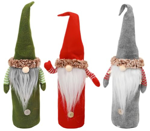 Volumoon Weihnachtsflaschen Deko - 3 Stück Weihnachtsgnome Weinflaschen mit Kordelzug & Weihnachtsmann Abdeckung für Festliche Dinner Party Dekoration