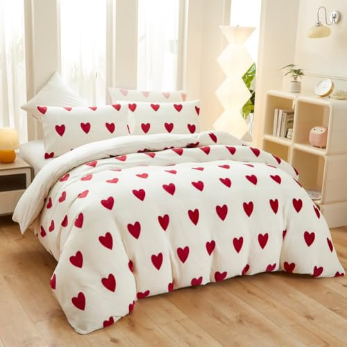 Covebett Ropa de cama de franela de 155 x 220 cm, diseño de corazones, color rojo y blanco, de franela reversible, 2 piezas, cálida y mullida, tacto de cachemira, funda nórdica y 1 funda de almohada