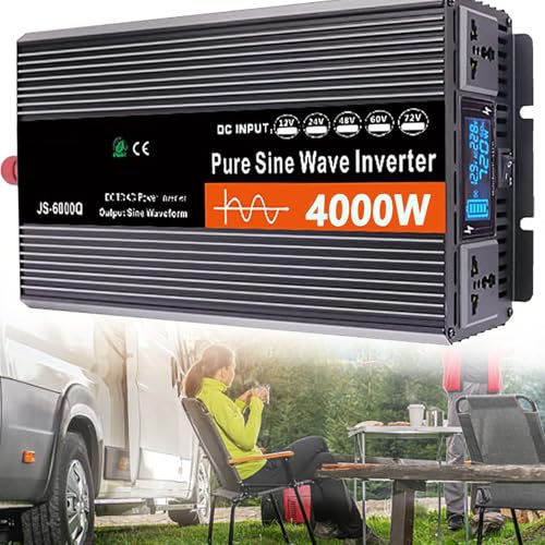 Dfdieratve Inverter a Onda Sinusoidale Pura da 4000 W, Convertitore da 12-60V DC a 110V 220V AC per Camper, Camion, Casa, Inverter Solare Fuori Rete con 2 Prese AC, Convertitore di Carica,12V