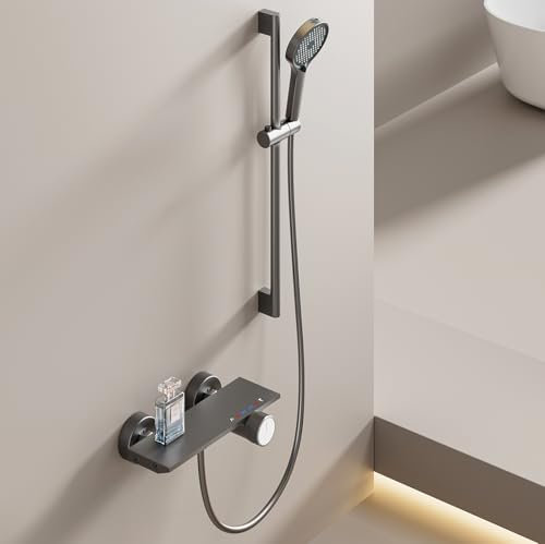 Juanya Colonne de Douche en Gris Gunmetal, Système de Douche Réglable en Hauteur, Douchette à Main 4 Jets, Sortie d’Eau Cachée en Bas, Idéal pour Salle de Bain et Baignoire