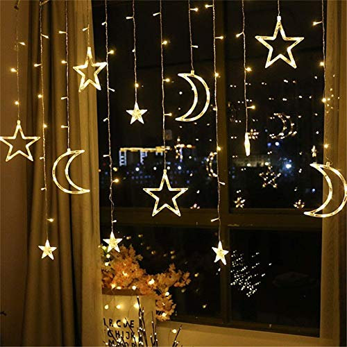 LED Lichterkette Weihnachten, 3.5m Stern Mond Lichtervorhang Batteriebetrieben, Sternenvorhang Lichterkette Innen, Lichterkette Fenster Innen für Dekoration (3.5M Lichterkette)