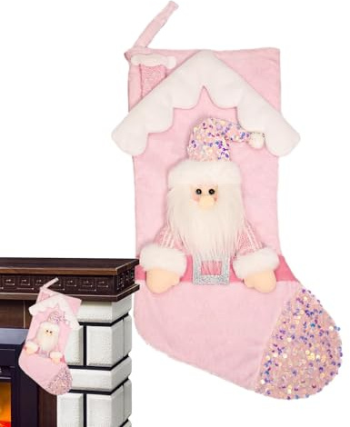 Große Socken für die Familie, Schneemann-Socken, rosa Urlaubssocken, Glitzer-Socken, rosa Socken, Weihnachtsstrumpf-Dekorationen, rosa Nikolausstrumpf, Gra-Strümpfe