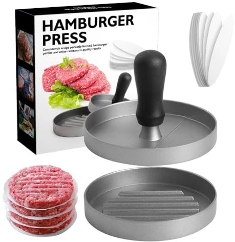LUPATDY Presse à hamburger, avec revêtement anti-adhésif, avec 100 feuilles de papier sulfurisé, presse à hamburger, presse à hamburger, presse à hamburger, presse en métal 12 cm