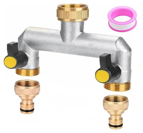 DWcouple 2-Wege Wasserhahn Wasserverteiler,3/4 Wasseranschluss Verteiler mit individuellem Absperrhähnen,Gartenschlauch mit 3/4 Zoll Adapter, Kugelhahn zum Einstellen und Absperren des Wasserflusses