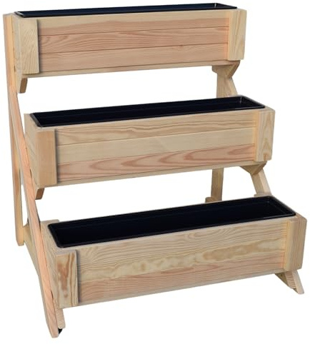 TIMBERMIK Holz 3 Etagen Pflanzentreppe Hochbeet B: 62,5 cm H: 90 cm T:73 cm Blumenständer Pflanzenständer Indoor Outdoor Pflanzregal Kräuterregal Blumenregal Robuste Blumentreppe 3 Stufen