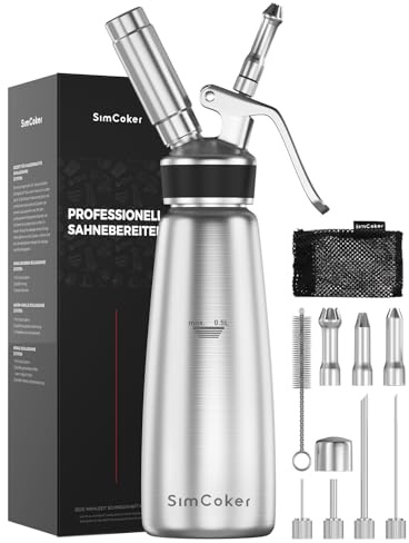 SimCoker Sahnespender 500 ml aus Edelstahl, 3 Tüllen, 4 Füllnadeln, Silber | Robuster Edelstahl für Schlagsahne und Desserts; 3 Tüllen, 4 Füllnadeln, Bürste und Beutel. Sahnekapseln nicht enthalten.