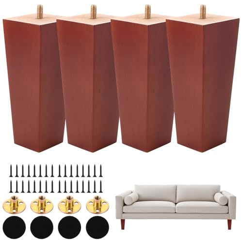 VIDETOL 4 Stück Möbelfüße Holz 15 cm Tischbeine Holz Vierkant Möbelbeine Walnuss mit Montageplatten Schrauben und Fußpolster Holzfüße für Möbel, Bett und Sofa