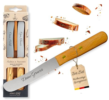 Personalisiertes Frühstücksmesser Solingen mit Holzgriff (Buche, 2x Glattschliff im Holzcase)