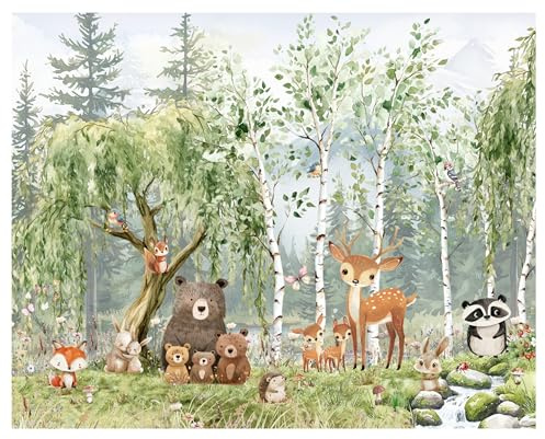 Fototapete Kinderzimmer, Wald, Waldtiere Bäume, Fluss, Bär, Berge, Reh, Kiefer, Tapeten für Kinder Babyzimmer Vlies Tapeten wandtapete Mädchen und Jungen. Tapete nach Maß 1m2