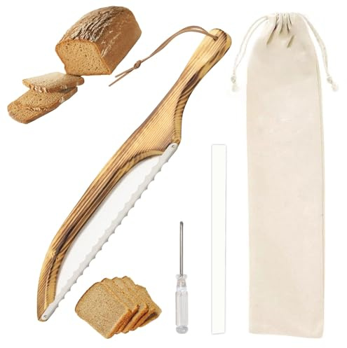 Couteau à pain avec manche en bois avec fourreau de protection, lame dentelée pour baguettes et pains