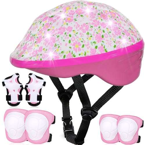 Toddler Helmet, Kids Helmet with LED Lights, Bike Helmets with Toddler Knee Pads and Elbow Pads Set for Kids 3-5-8 Girls Bicycle Scooter Skateboard Helmets