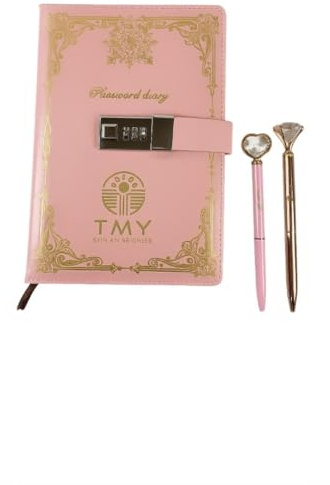 TMY Pink Lock Diary with Combination Lock – A5 Retro Journal for Girls, 200 Pages, Bundle with 2 Cute Pens (Heart & Diamond Top), Secret Notebook for Writing, Gift for Teens & Women
