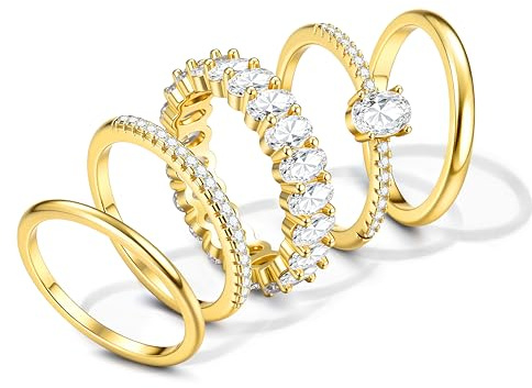 Diamday 5Piezas Anillos Mujer Placado Oro 14K Conjunto Anillos Apilables Impermeable Anillo Conjunto Muñeca Dedo Bandas Boda Promesa Apilar Señoras Anillo Con Caja Joyería