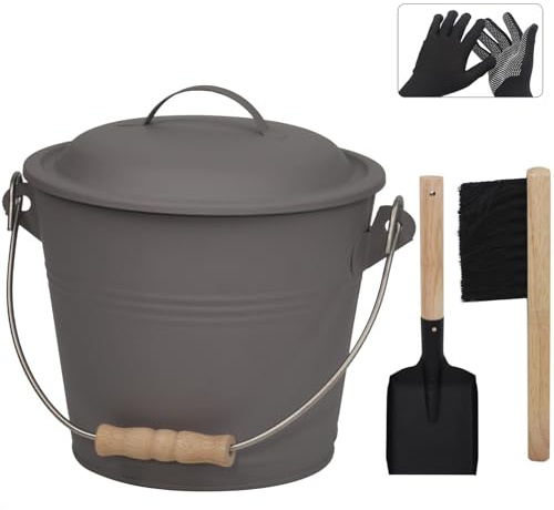 Poofzy Cubo de cenizas con tapa y pala, cubo de chimenea de 1.3 galones para cenizas, incluye escoba de mano y guantes para hoguera, estufa de leña y parrilla (gris)