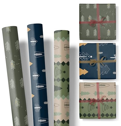 Geschenkpapier Weihnachten im Set – 3 Rollen: 3m lang, 47cm breit – edel und hochwertig – Weihnachtspapier für Erwachsene und Kinder – SET 7 - WEIHNACHTSBAUM
