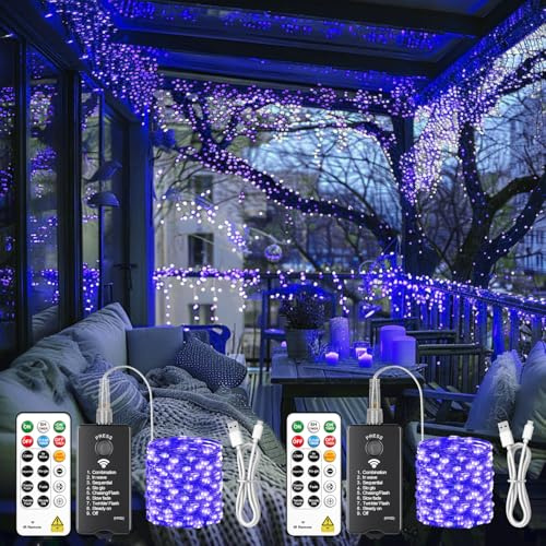 SINAMER Lichterkette Batterie Aufladbar Außen, 2x10m 100 LED Lichterketten mit Timer und 8 Modi Wasserdicht Lichterkette Innen für Weihnachten Hochzeit Party Zimmer Deko (Blau)