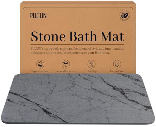 PUCUN Stone Bath Mat Quick Dry Bath Stone Mat for Bathroom Floor Diatomaceous Earth Diatomite -Super Absorbent,Natural, Easy to Clean Grey