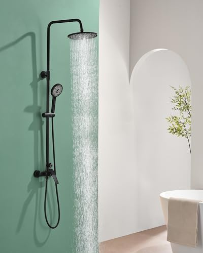 Baollansa Shower Mixer Set Black, Shower System with 9 Round Overhead Rainfall Shower Head with 3-Function Handheld Shower, Riser Rail,Adjustable Height Shower Set,Solid Brass Mixer Valve