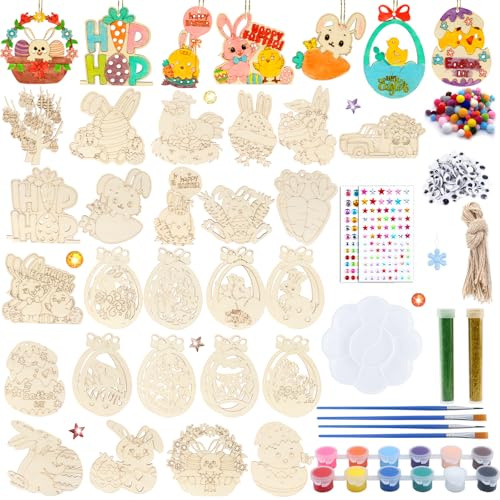 Roselee 202 Stück Ostern Basteln Holz, Holzanhänger Ostern Zum Bemalen, Osterdeko Basteln Kinder, DIY Osterns Bastelset Frühling Ostereier Hasen Huhn Blume Anhänger mit Pinsel Palette Schnur
