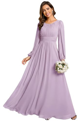 Ever-Pretty Robe Demoiselle d'honneur Femme Longue Manches Longues Col Rond Mousseline Chic ES0106B