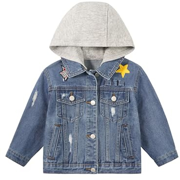 Volunboy Chaqueta Vaquera Niños Desmontable Capucha, Azul Mezclilla Jacket Abrigo 2-8 Años(Patrón Azul Claro,2-3 Años,Talla 90)