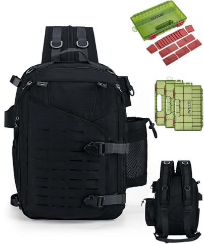 Goture Angelrucksack 20L Großer Angel-Sling-Tasche aus 900D Oxford, Wasserabweisende Angeltasche mit SBS-Reißverschluss, MOLLE-System & Rutenhalter für 3700/3600 Tackle Boxen, Raubfischangeln