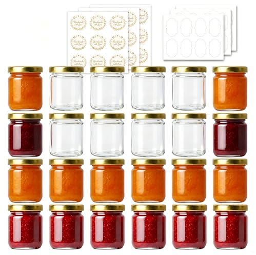ComSaf 24-pack små glasburkar 120ml med etiketter – Honungsburkar för bröllopsfavoriter – För sylt, honung, kryddor & torra livsmedel – Perfekt för hem, kök, presenter & skafferi