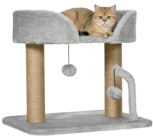 PawHut Kratzbaum für Wohnungskatzen mit Jute-Kratzpfosten, 42 cm, Grau | Kleiner Katzenbaum, Plattform, Hängenden Spielbällen, Katzen-Aktivitätszentrum