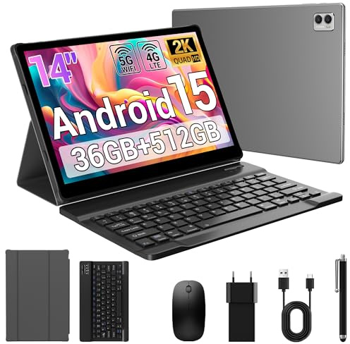 MIVASOLO Tablette 14 Pouces Android 15 Tablette avec 4G LTE/5GWLAN/11580mAh/36GB+512GB/OctaCore/13MP+8MP/GMS,Étui,Tablet avec Clavier,Gris