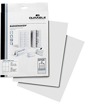Durable Einsteckschilder Badgemaker, 80 Schilder im A6 Format, weiß, 142002 | Mikroperforierte A4 Druckbögen, für Laser- & Tintenstrahldrucker, kompatibel mit Durable 8525 & 8526