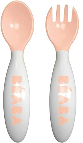 BÉABA-2er-Set Lernbesteck Ergonomisch 2 - Lebensjahr, Ab 8 Monaten- Babyfreundlich - Für Rechts- und Linkshänder geeignet - Inklusive Transportbox - Rosa