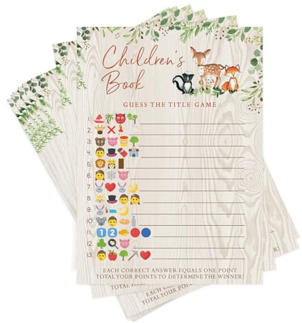 Printed Party Baby Shower Games – Children's Book Title Guessing Game for Boy or Girl, Woodland Forest Animals Theme, 50 Cards
